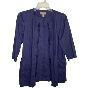 Chicos Womens Navy Blue 100% Linen Open Front shirt Jacket Pockets Size 1 Medium